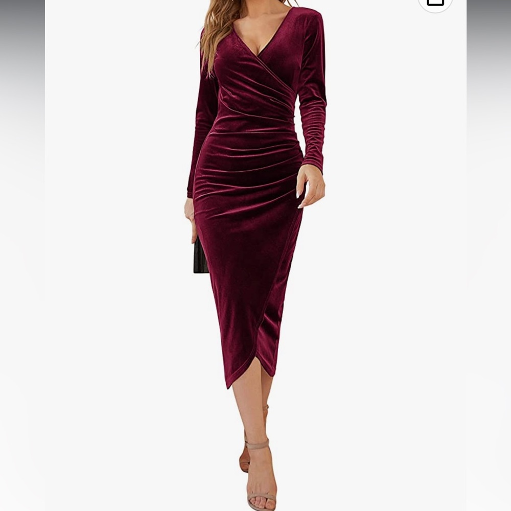 Dirass Womens Elegant Velvet Long Sleeve Wrap V Neck Dress - Burgundy